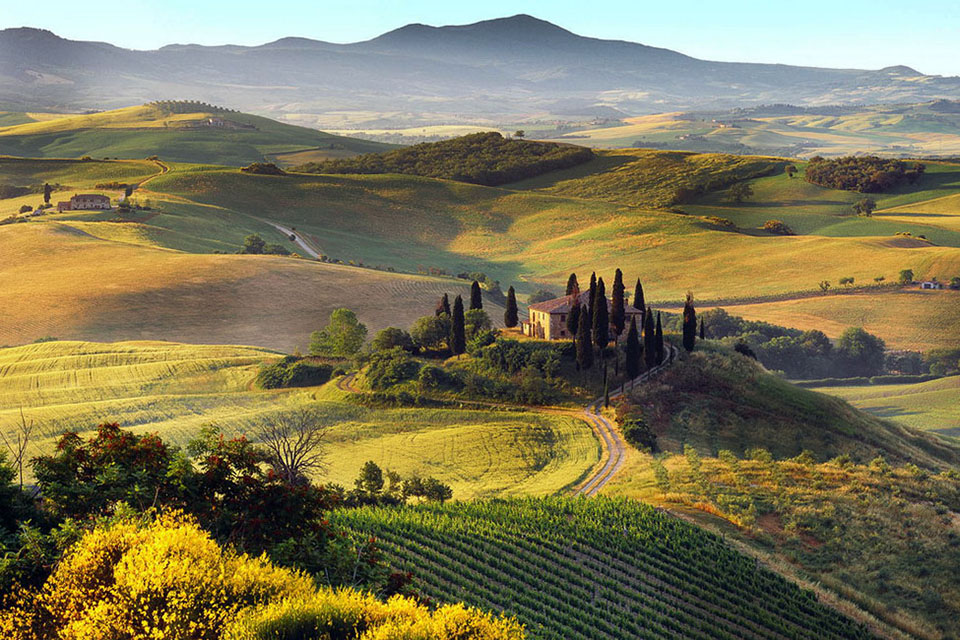Typische Hügellandschaft der Toskana im Val d'Orcia mit einem von Zypressen gesäumten Landhaus
