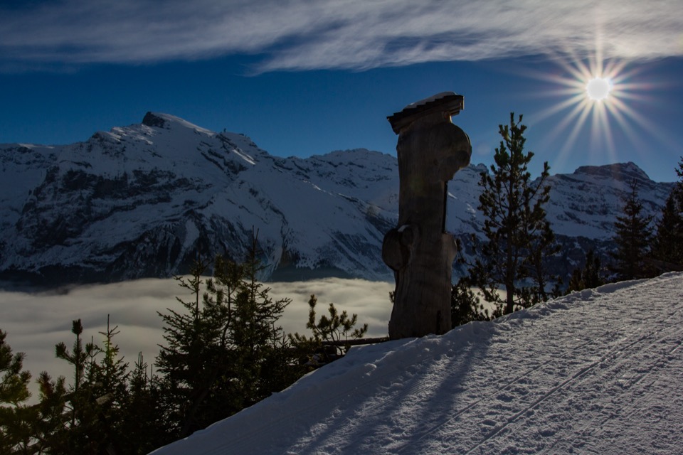 Hölzerne Wegmarkierung auf dem Winterwanderweg über einem Nebelmeer, Sonne im Gegenlicht